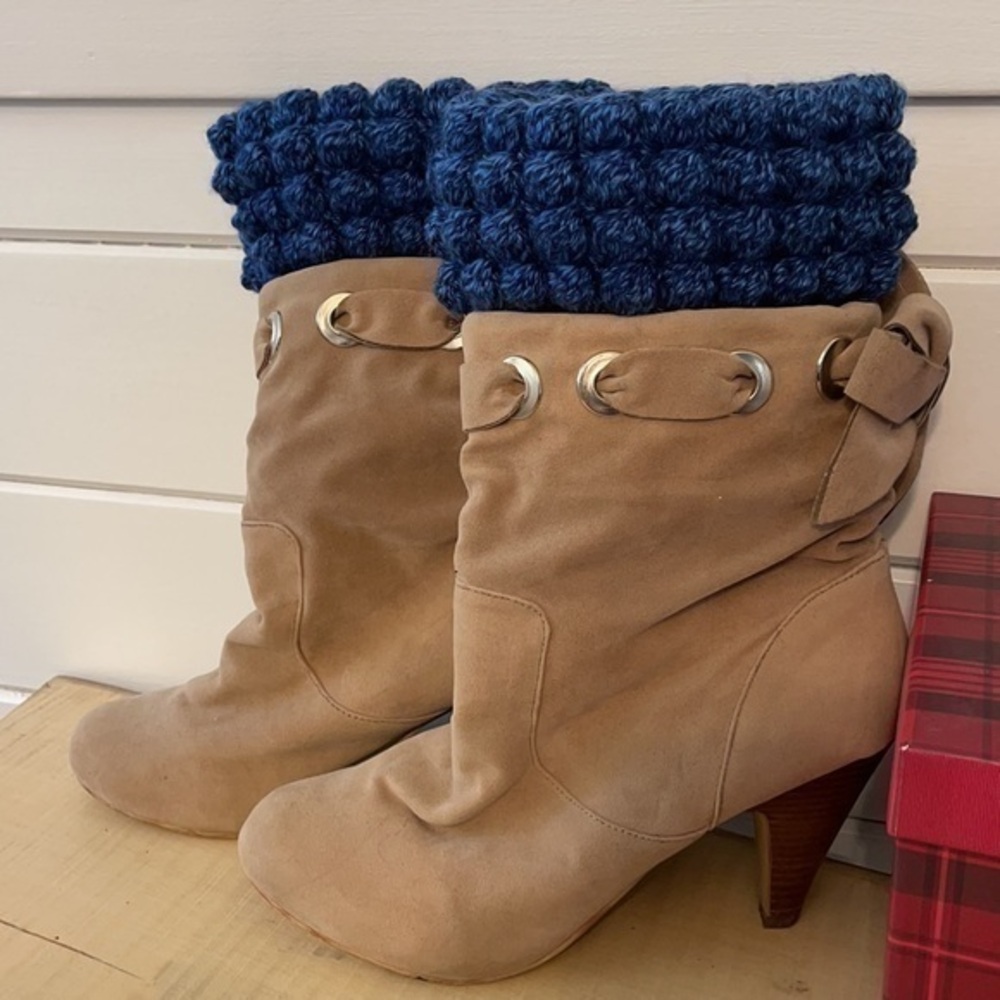$15 SALE Handmade Crochet Boot Cuff Space Blue Marble Puff Stitch Winter Gift